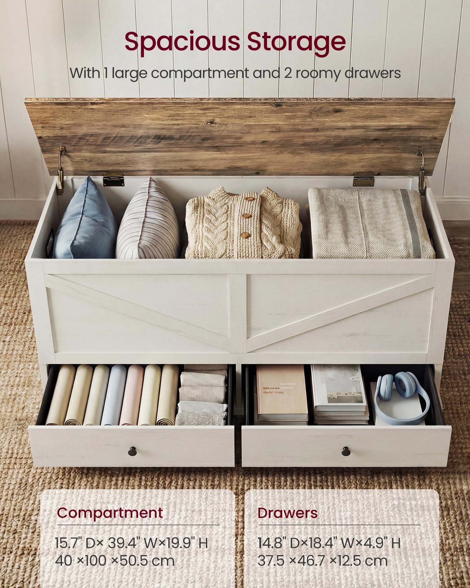 Farmhouse Storage Bench with 2 Fabric Drawers