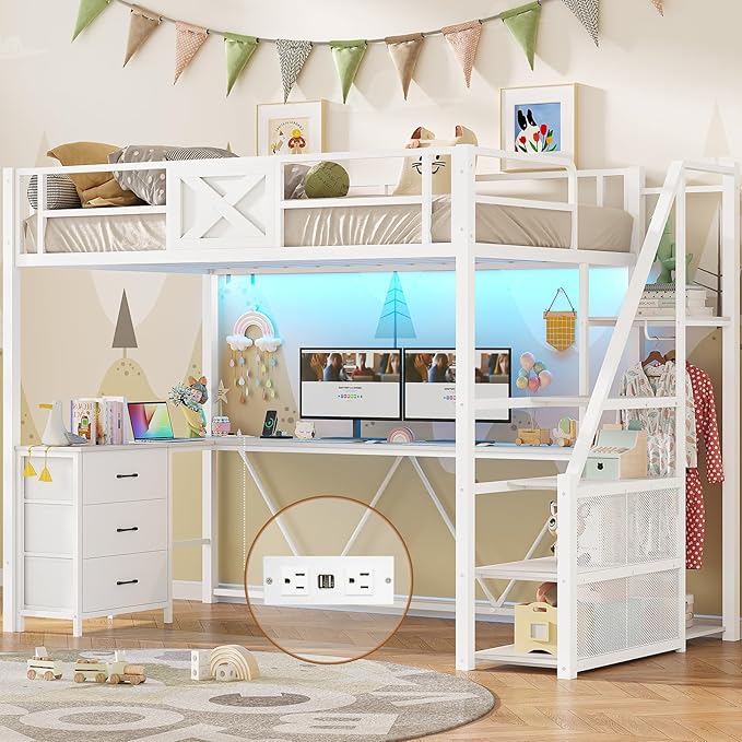 Full Size Loft Bed with Desk & Storage Stairs