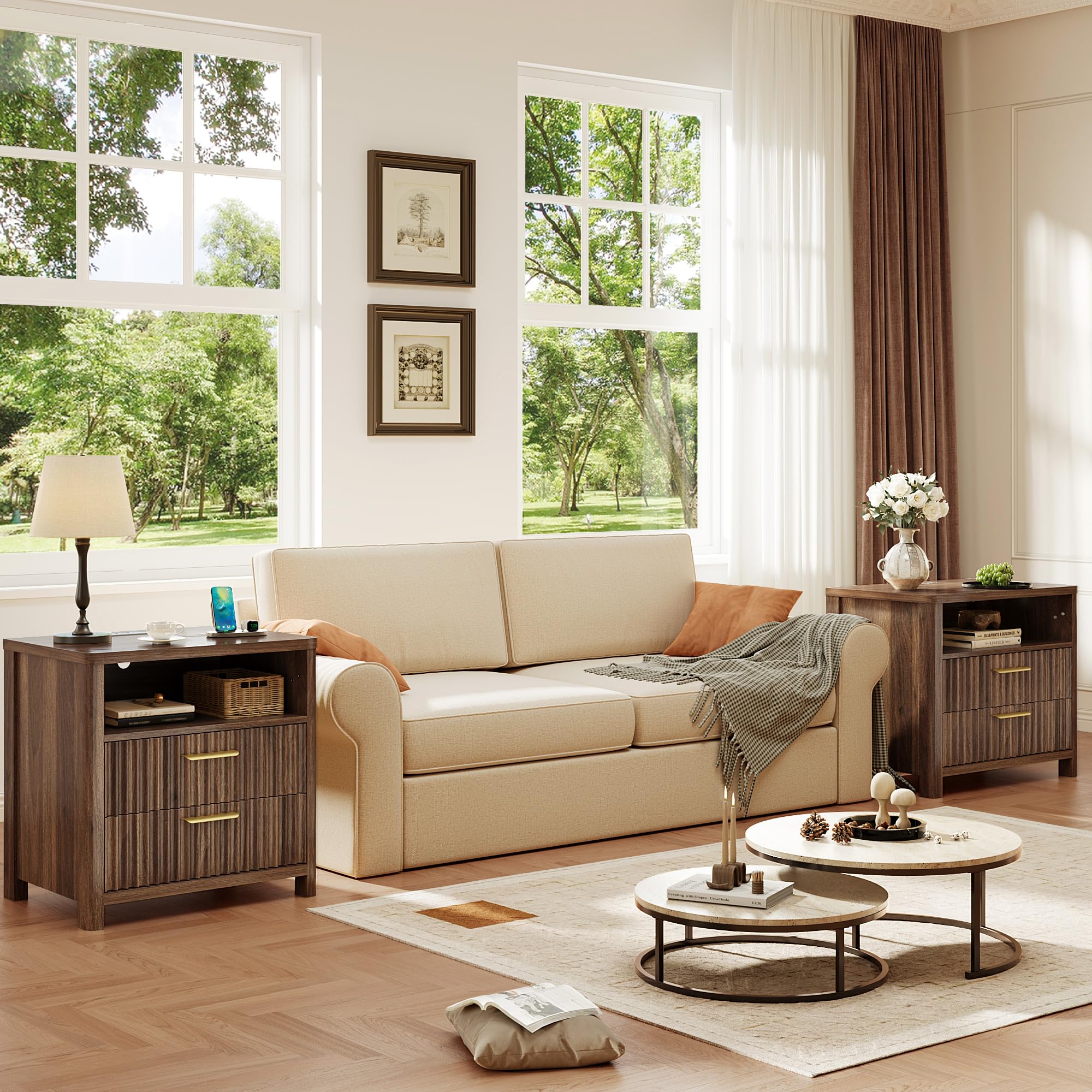 Fluted Nightstand with Charging Station & 2 Drawers