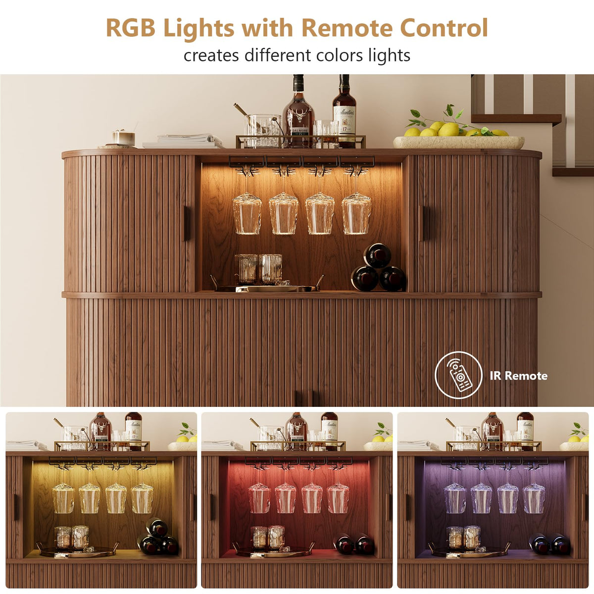 Fluted Bar Cabinet with LED Lights and Outlets