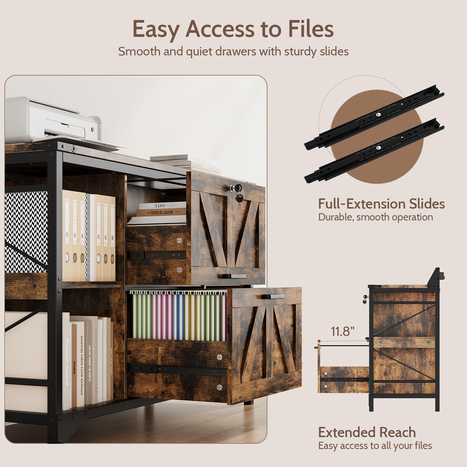 Lateral Filing Cabinet with Lock, Power Outlets & Storage Shelves