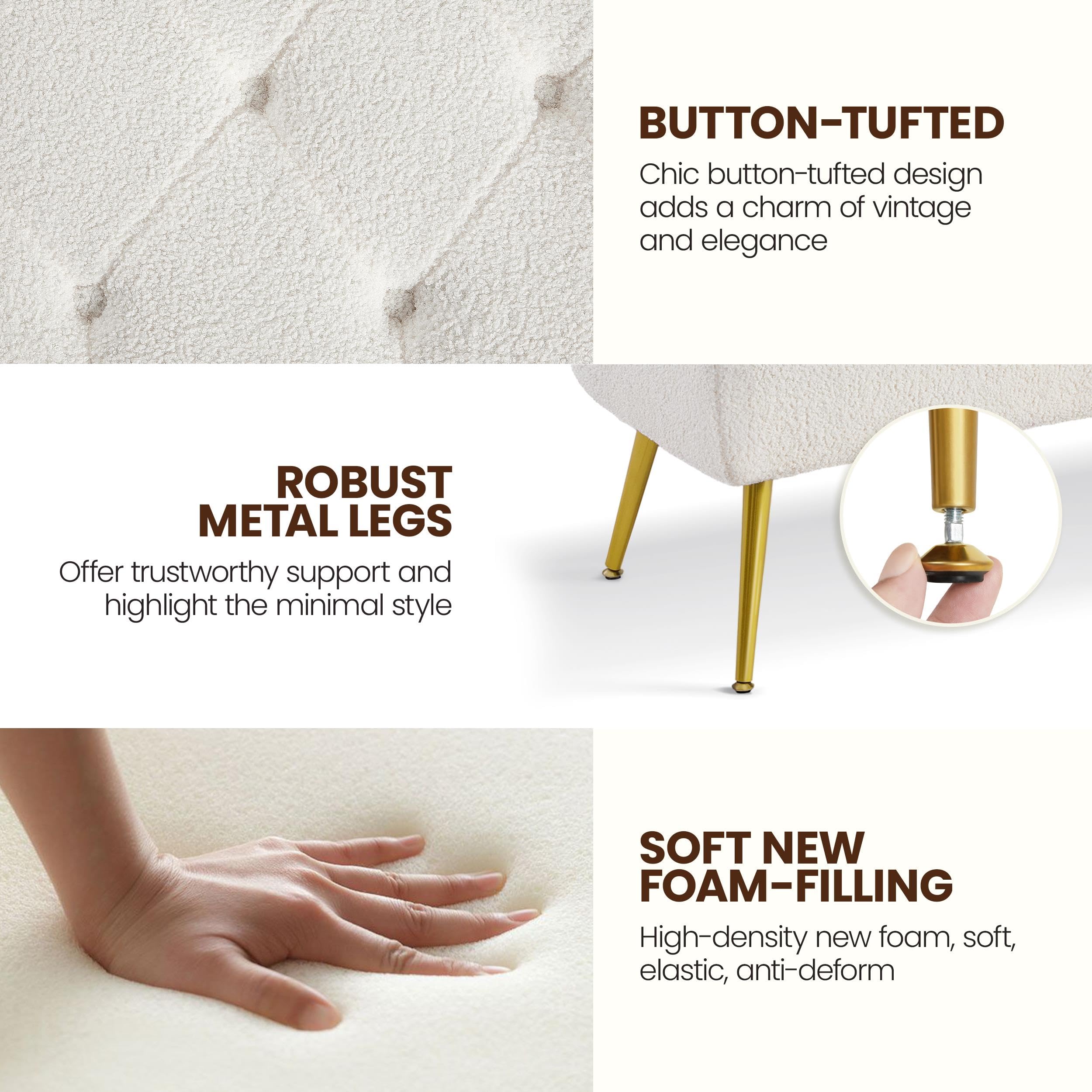 Yaheetech Modern Ottoman Bench Boucle Bench Upholstered Footrest for Living Room with Gold Metal Legs and Padded Seat Ivory