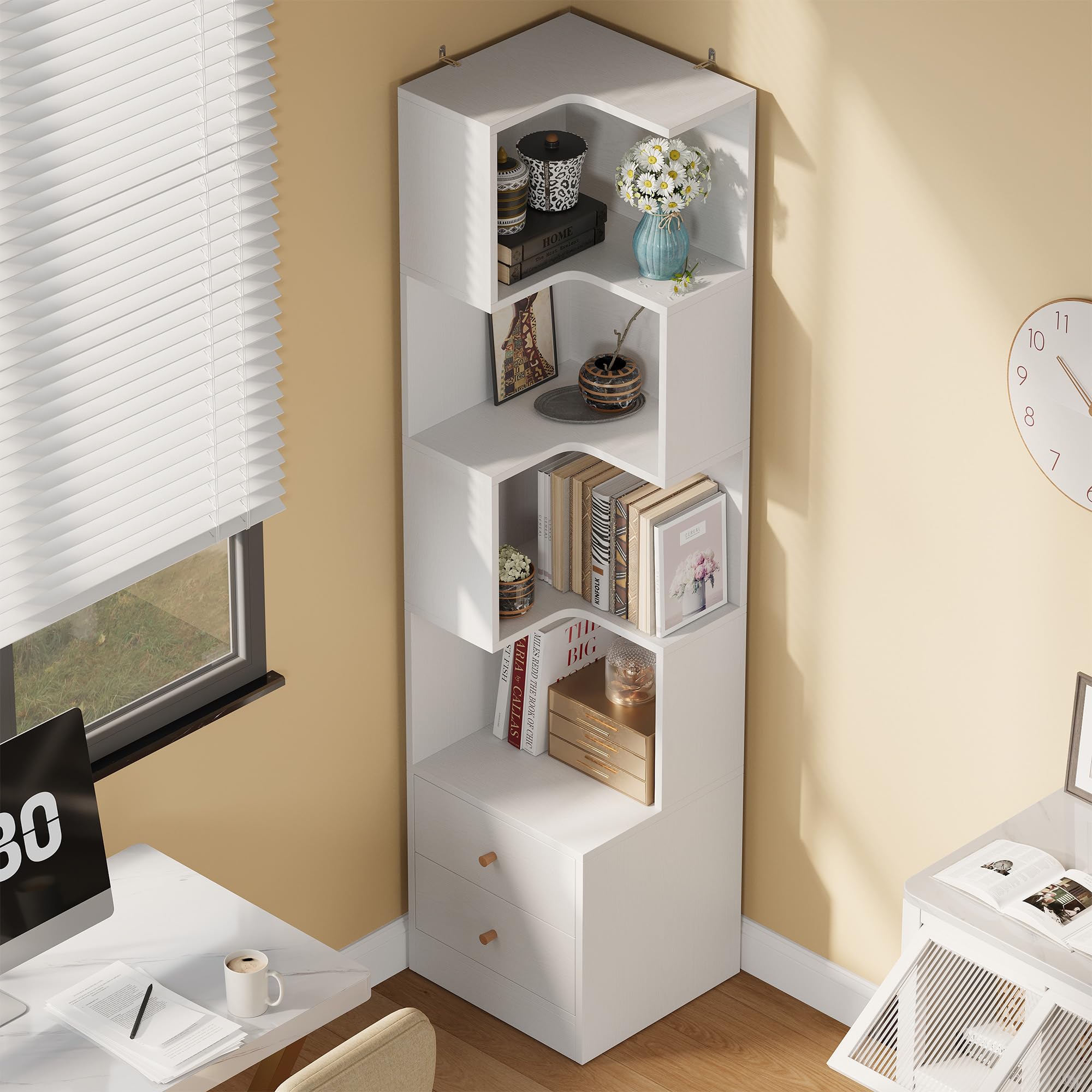 IRONCK Corner Bookshelf, 70.87" Tall Corner Bookcase with Drawers, Corner Shelf Storage Display Rack for Living Room Home Office, White