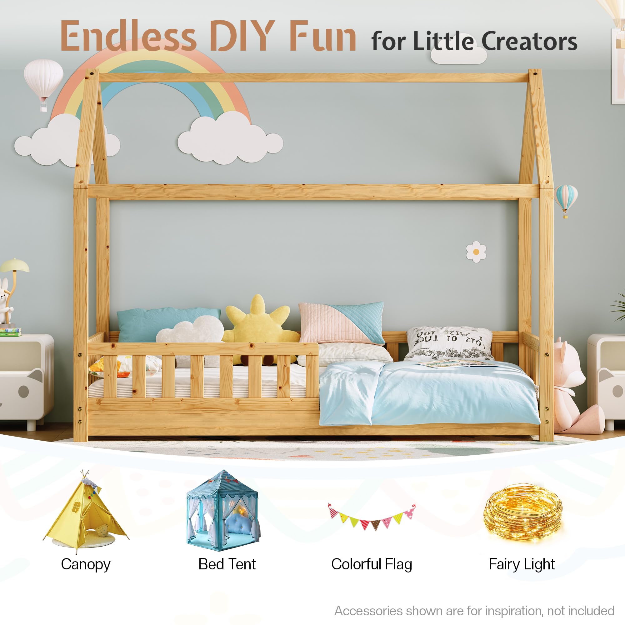 Jocisland Twin Size House Bed for Kids, Montessori 100% Wooden Floor Bed Frame with Guardrails, Removable Rails, Playhouse Roof, Easy Assembly, Toddler Floor Bed for Boys & Girls, Natural Wood
