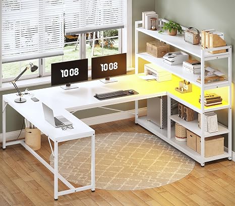 L-Shaped Gaming Desk with LED Lights & Storage Shelves