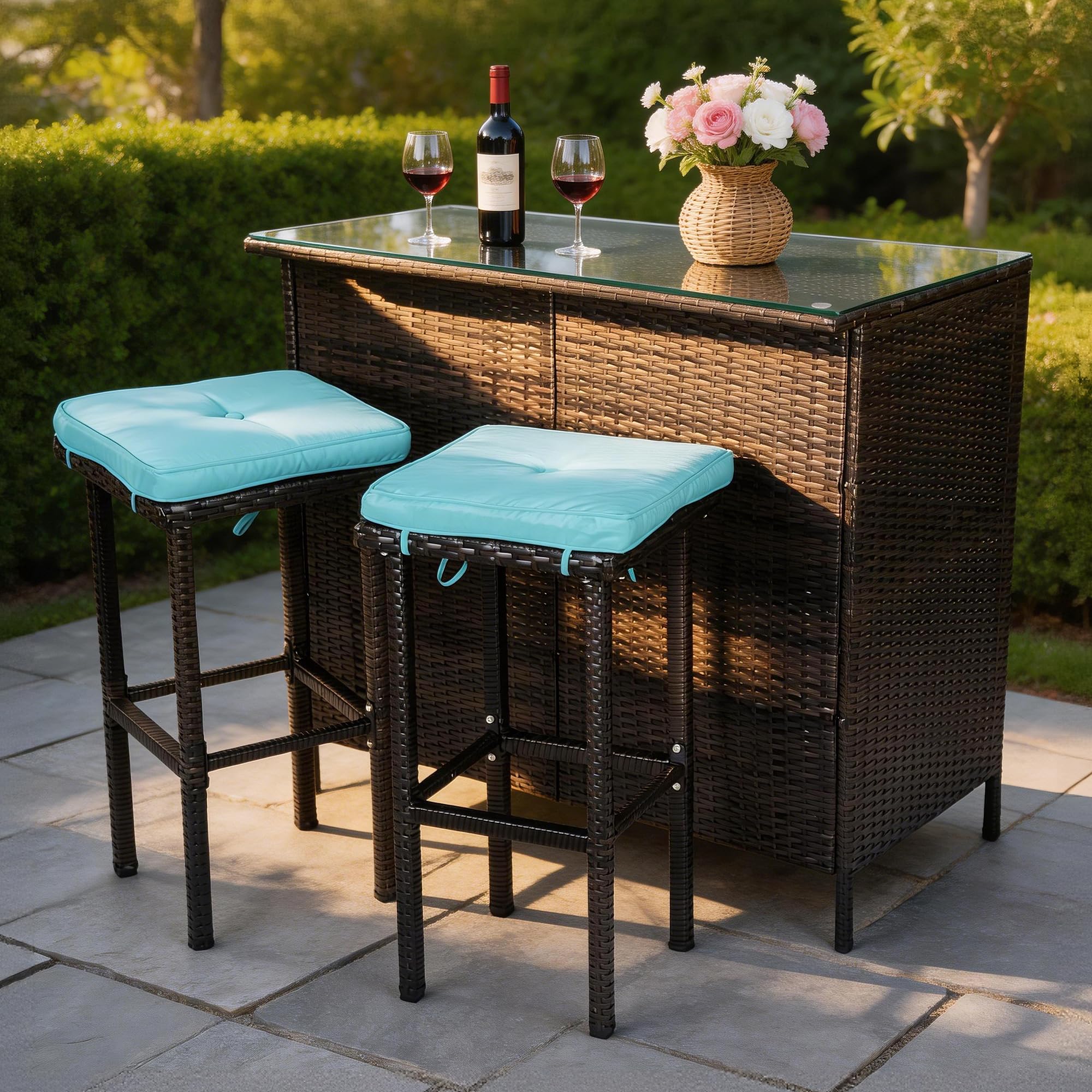 3-Piece Patio Wicker Bar Set with Glass Top & Cushioned Stools