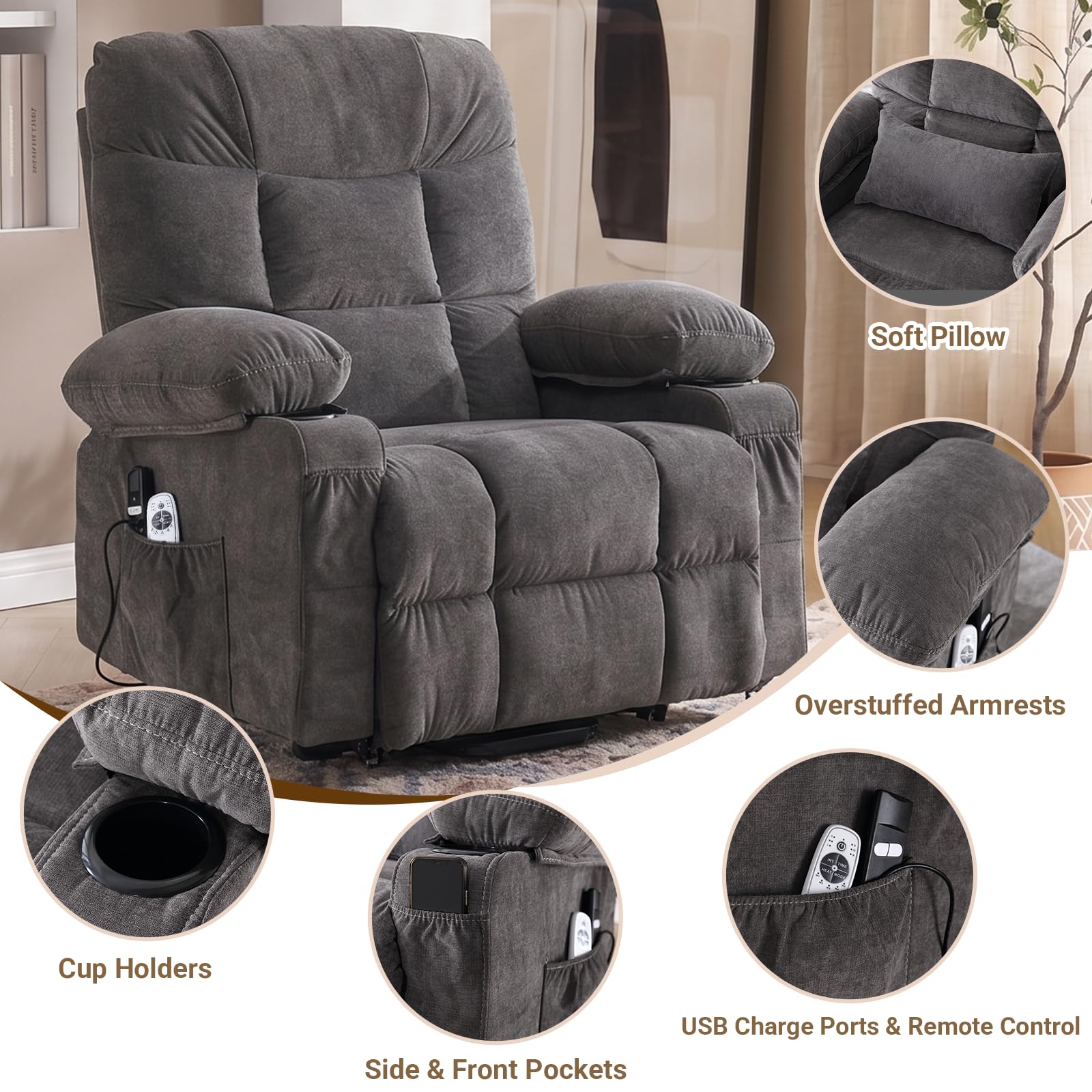 Power Lift Recliner Chair for Elderly with Lumbar Heat and Vibration Massage, Electric Lift Recliner Chair with Remote Control and USB Port,4 Storage Pockets & 2 Cup Holders for Living Room - Grey
