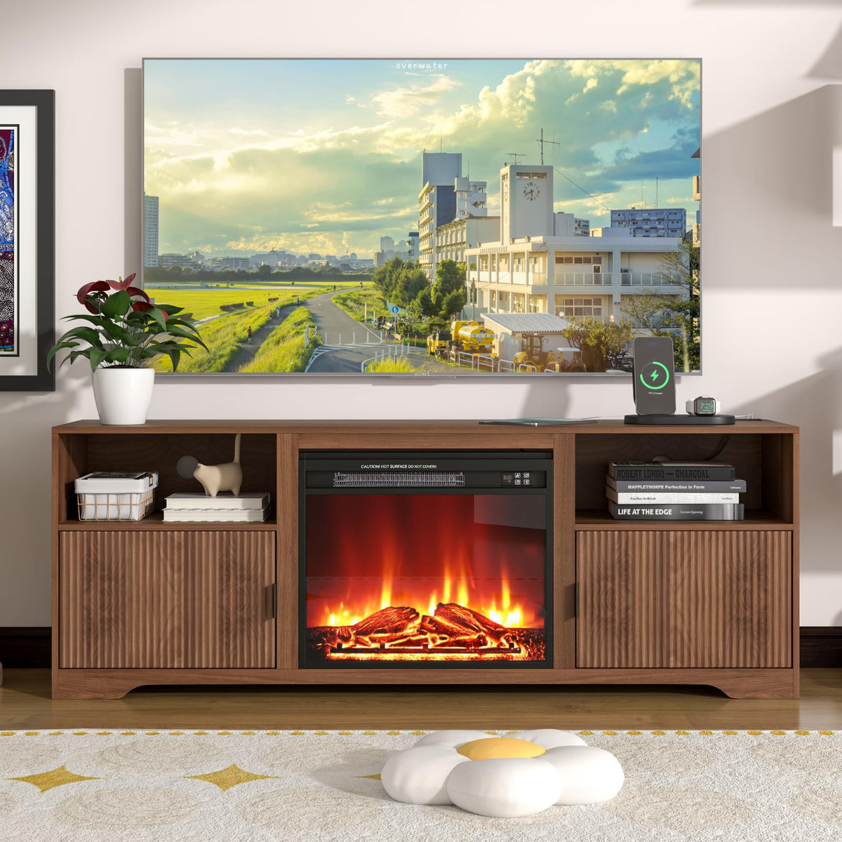 Fireplace TV Stand for Tvs up to 80" with Adjustable Shelf Charging Station