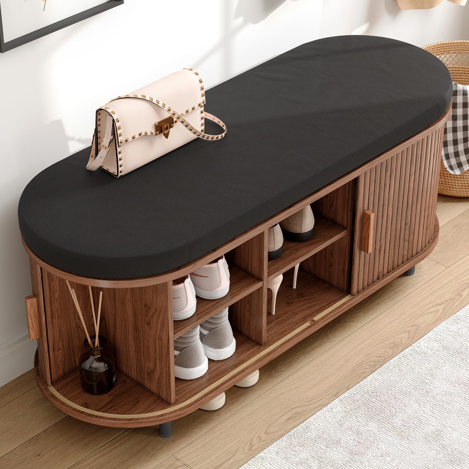 43" Fluted Shoe Storage Bench with Cushion