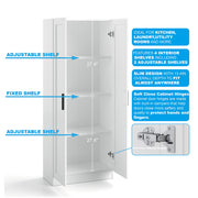 Panana Wooden Storage Cabinet, Narrow Pantry Cabinets Free Standing Tall Storage Cabinet with 2 Doors and Shelves (White)