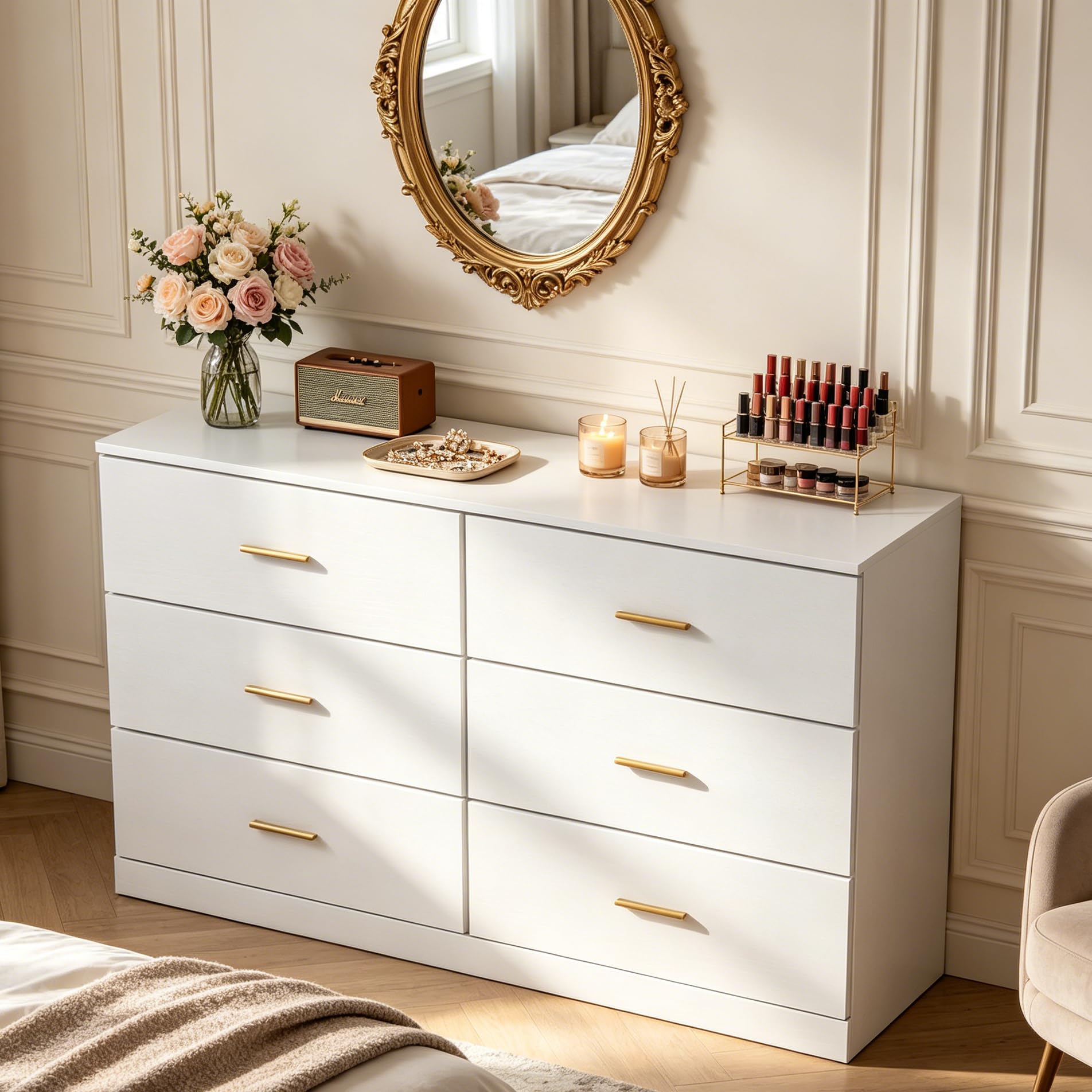 YMW 47" Modern White Dresser for Bedroom, 6-Drawer Wooden Chest of Drawers with Gold Handles,Wide Storage Cabinet for Living Room, Kid&Nursery Entryway