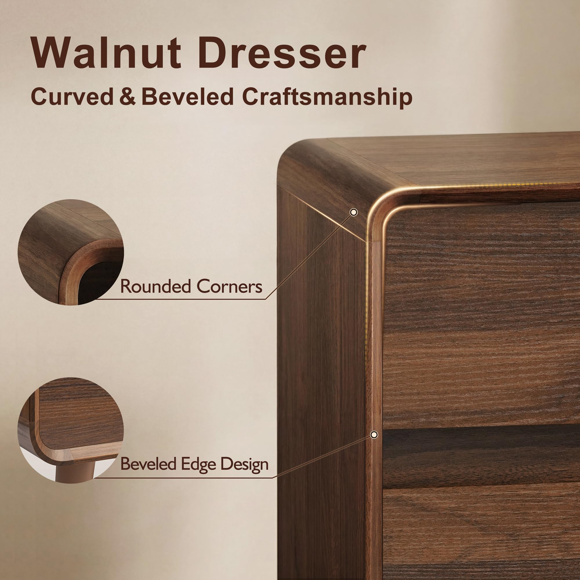 Nasonet Mid Century Modern Dresser for Bedroom, 47'' Wide Dressers & Chests of Drawers with 6 Storage Drawers, Wood TV Stand Dresser for Closet, Walnut