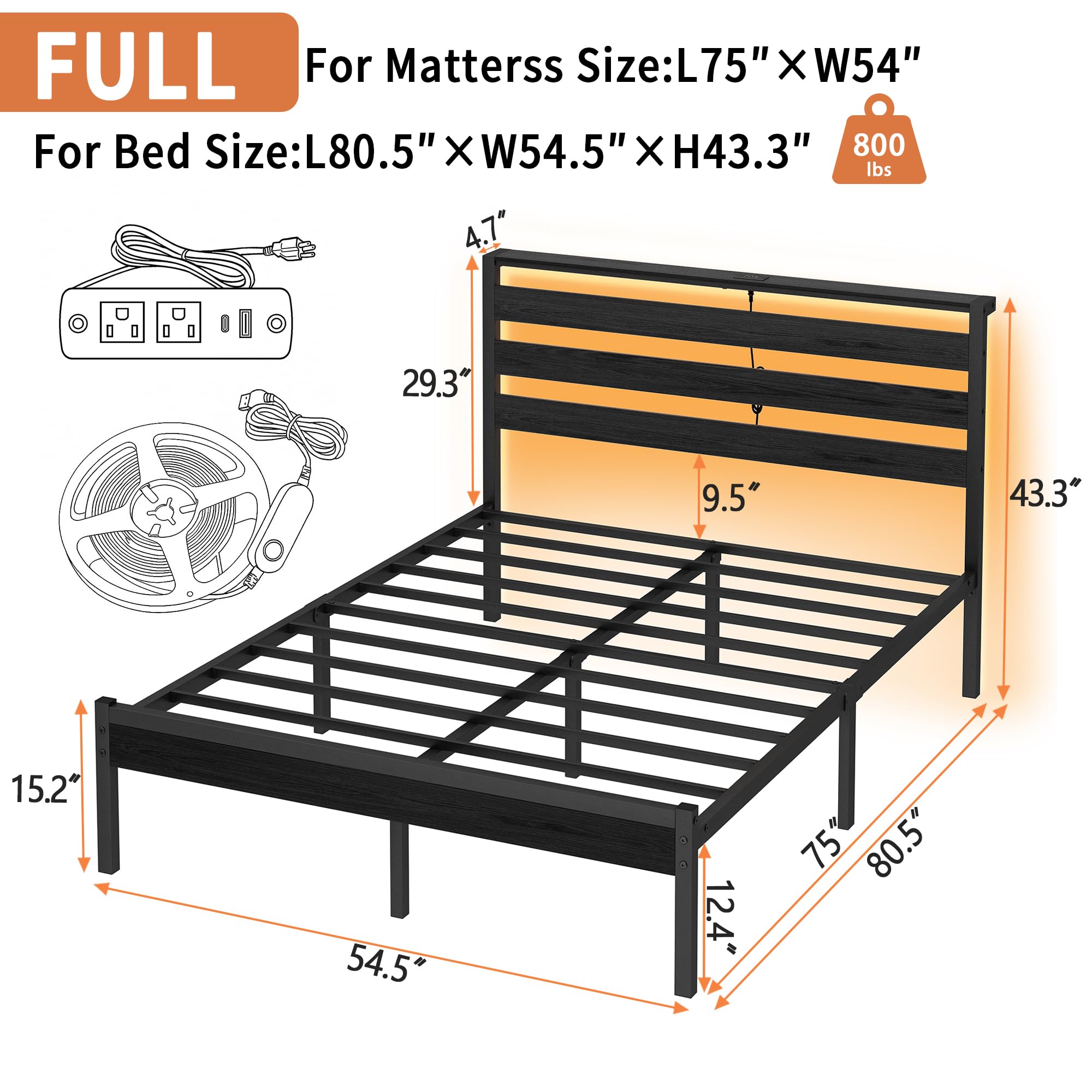 Metal Platform Bed Frame with Headboard, LED Lights & USB Charging