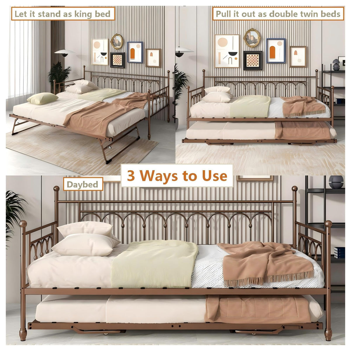 FULLJOJOR Daybed with Pop Up Trundle, Metal Daybed with Trundle, Twin Day Bed with Lockable Casters, Space-Saving Pop Up Trundle Bed Frame for Home Office, Guest Room,Bronze