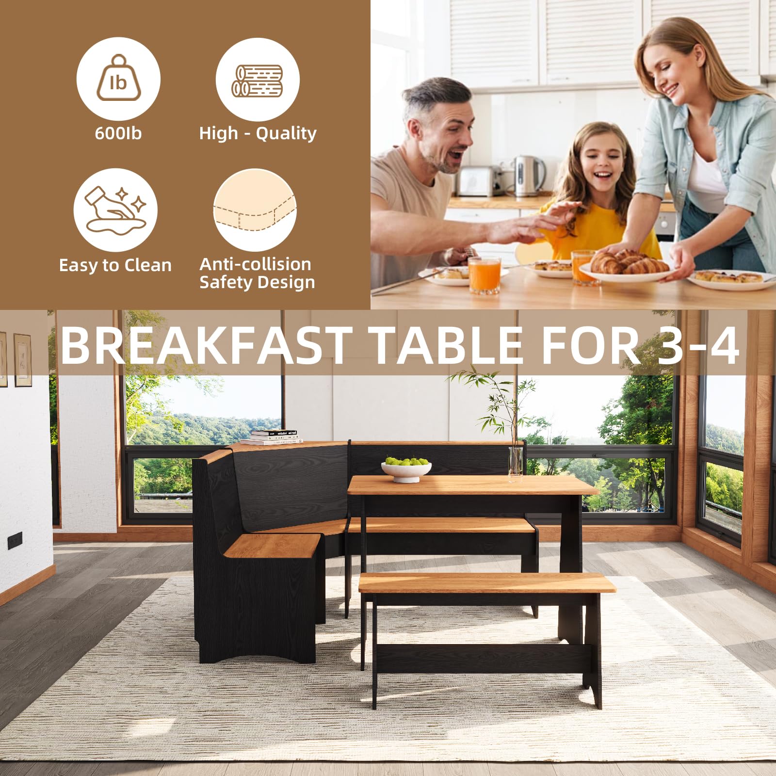 L-Shaped Breakfast Nook Table Set with Corner Bench & Storage