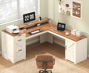 Farmhouse L-Shaped Desk with Drawers, Storage & Power Outlet