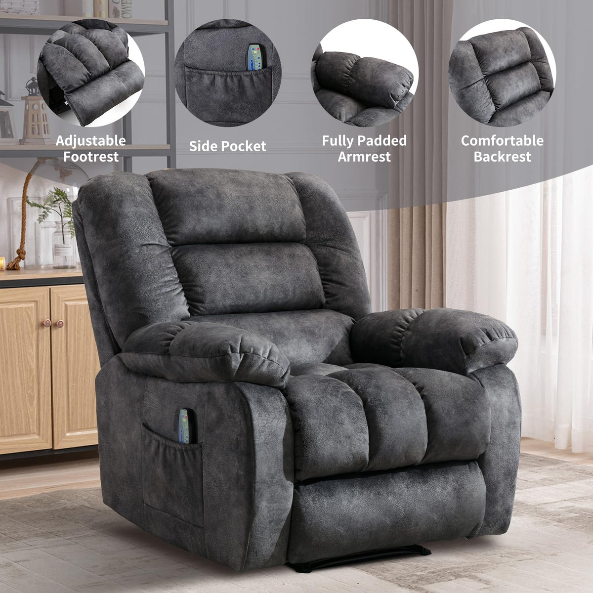 CANMOV Massage Recliner Chair with Timer Heating and Massage, Ergonomic Overstuffed Breathable Fabric Reclining Chair, Single Sofa with Side Pockets for Living Room Home Theater (D-Gray)