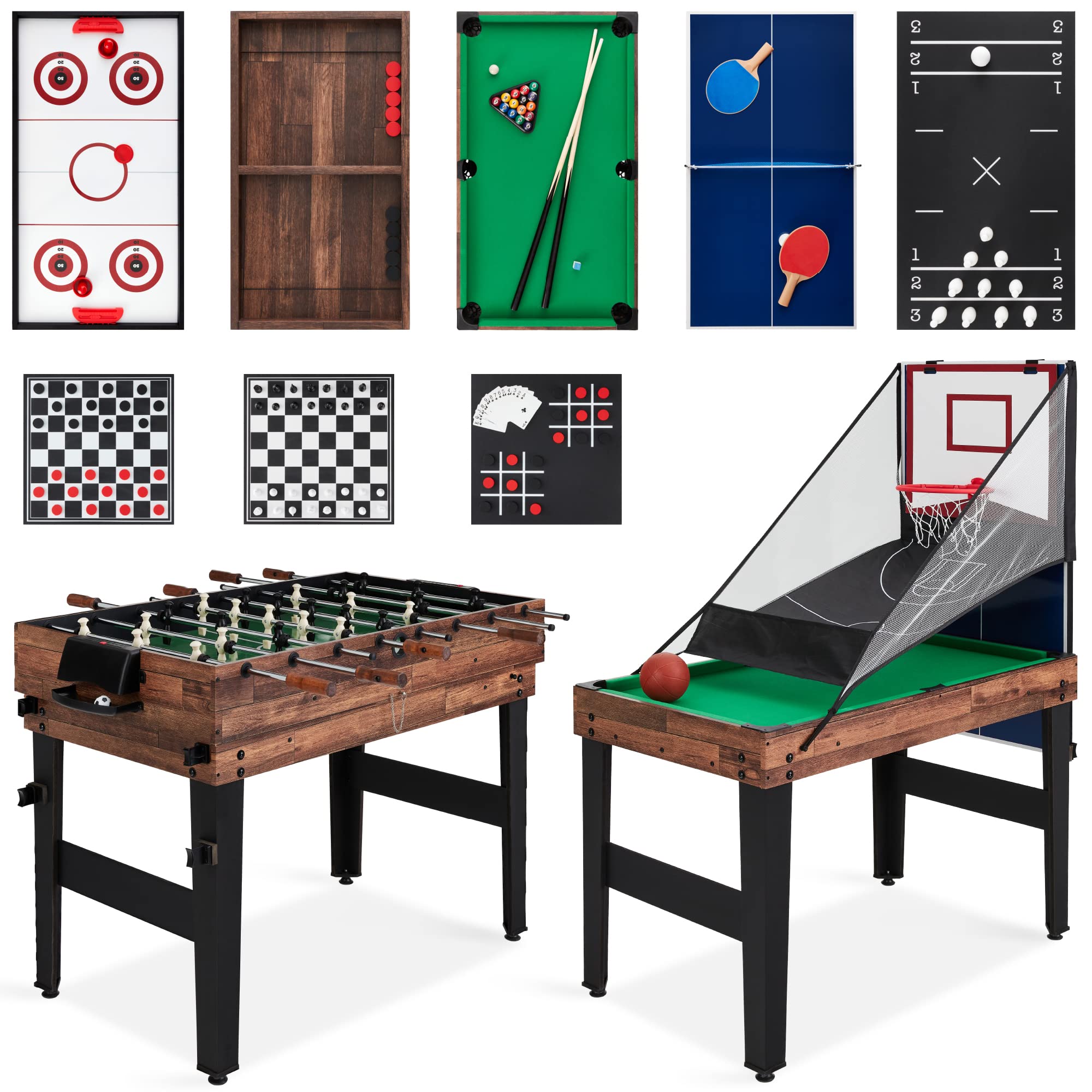 Best Choice Products 13-in-1 Combo Game Table Set w/Ping Pong, Foosball, Basketball, Air Hockey, Sling Puck, Archery, Shuffleboard - Walnut