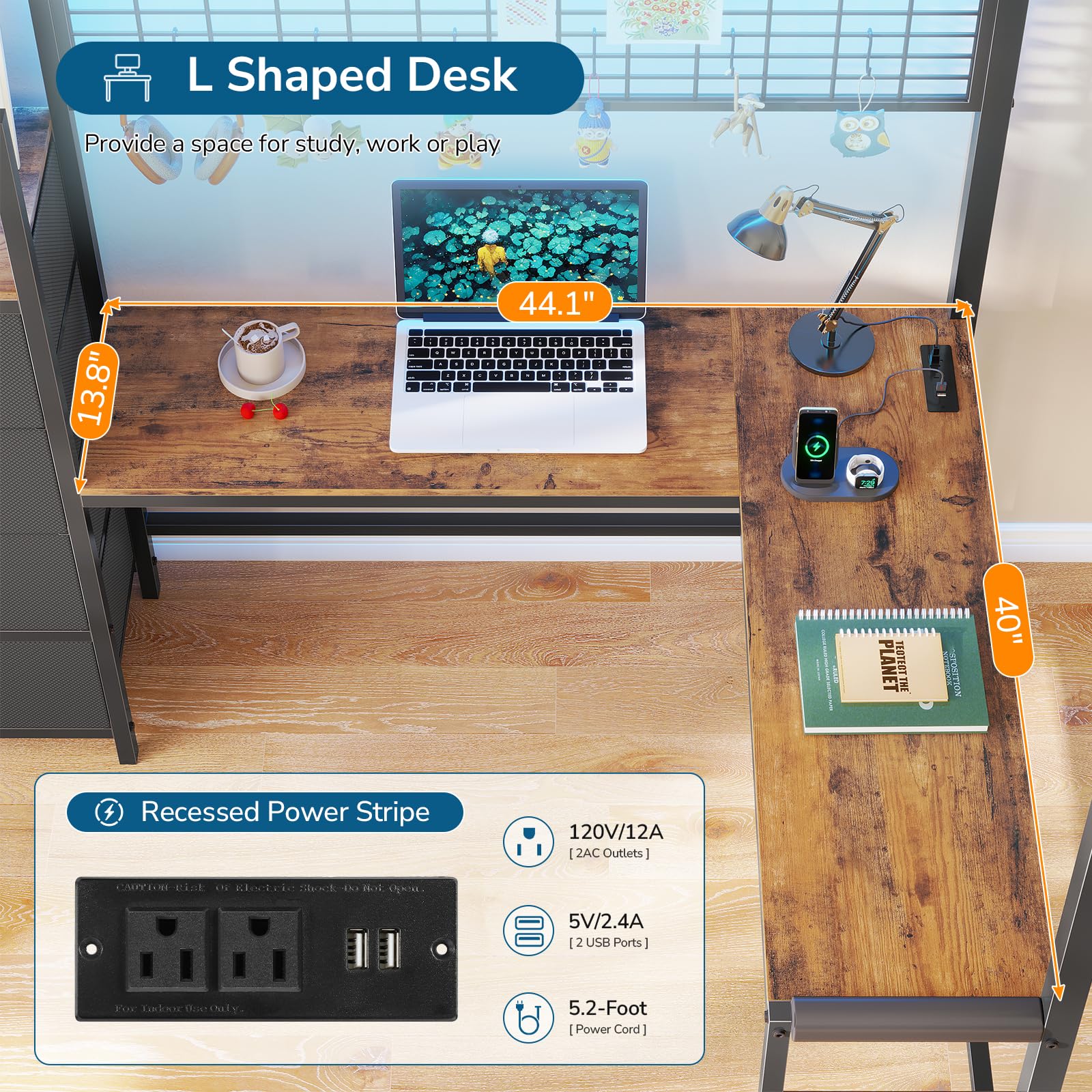 Twin Loft Bed with L-Shaped Desk & Storage