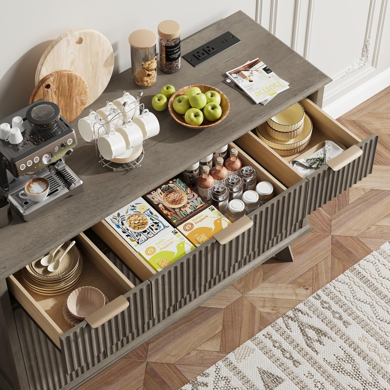 47.2" Fluted Buffet Cabinet with Drawers & Charging Station