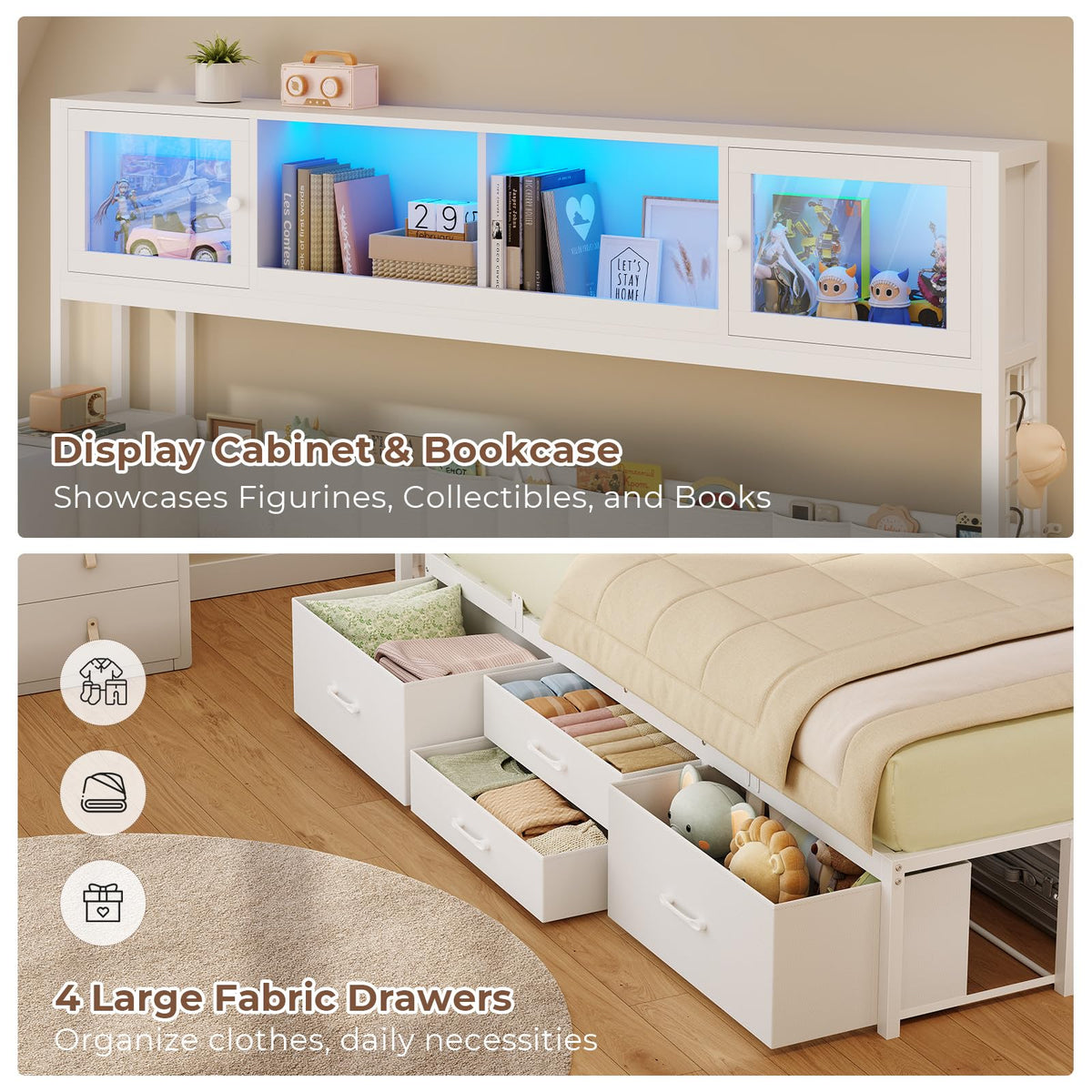 Twin Daybed with Storage Headboard & 4 Drawers, Hight Bookcase, White