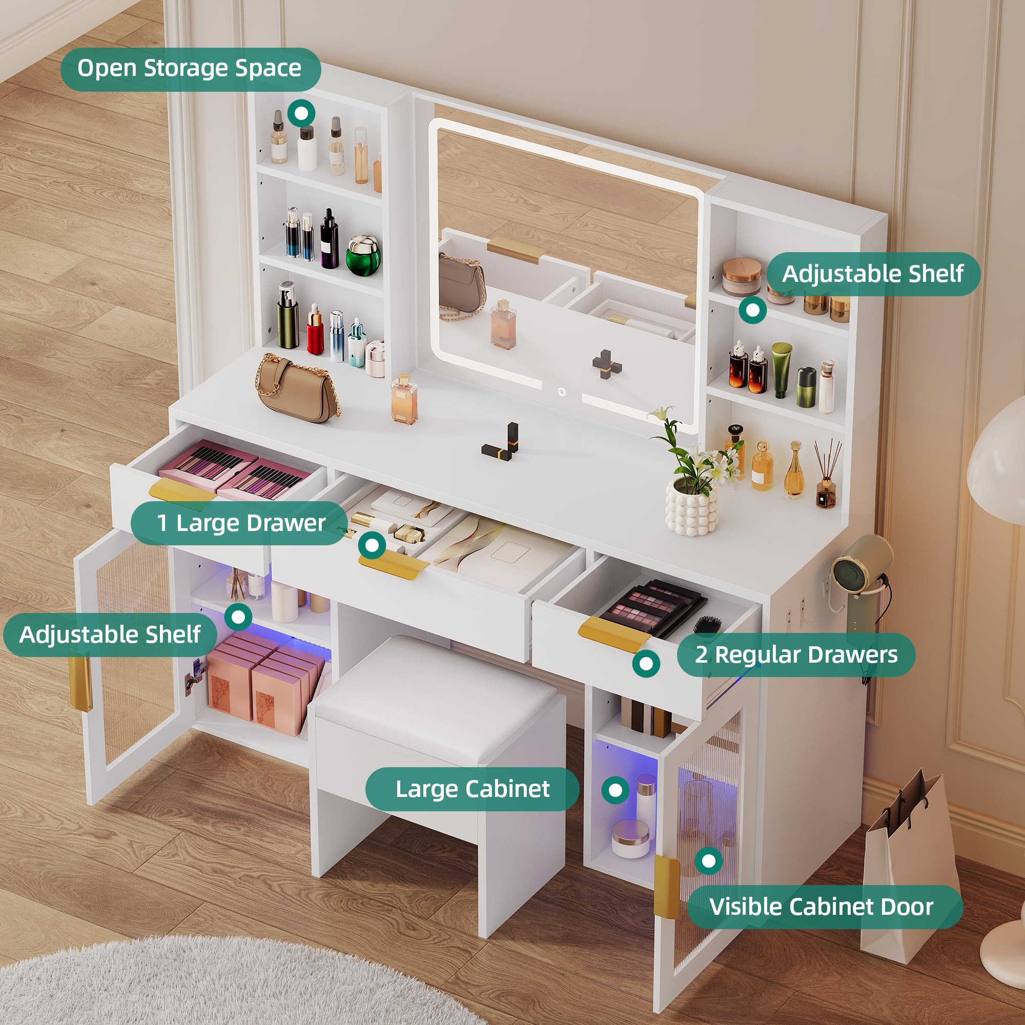 LED Vanity Desk with Tri-Fold Mirror & Lights, 3 Drawers