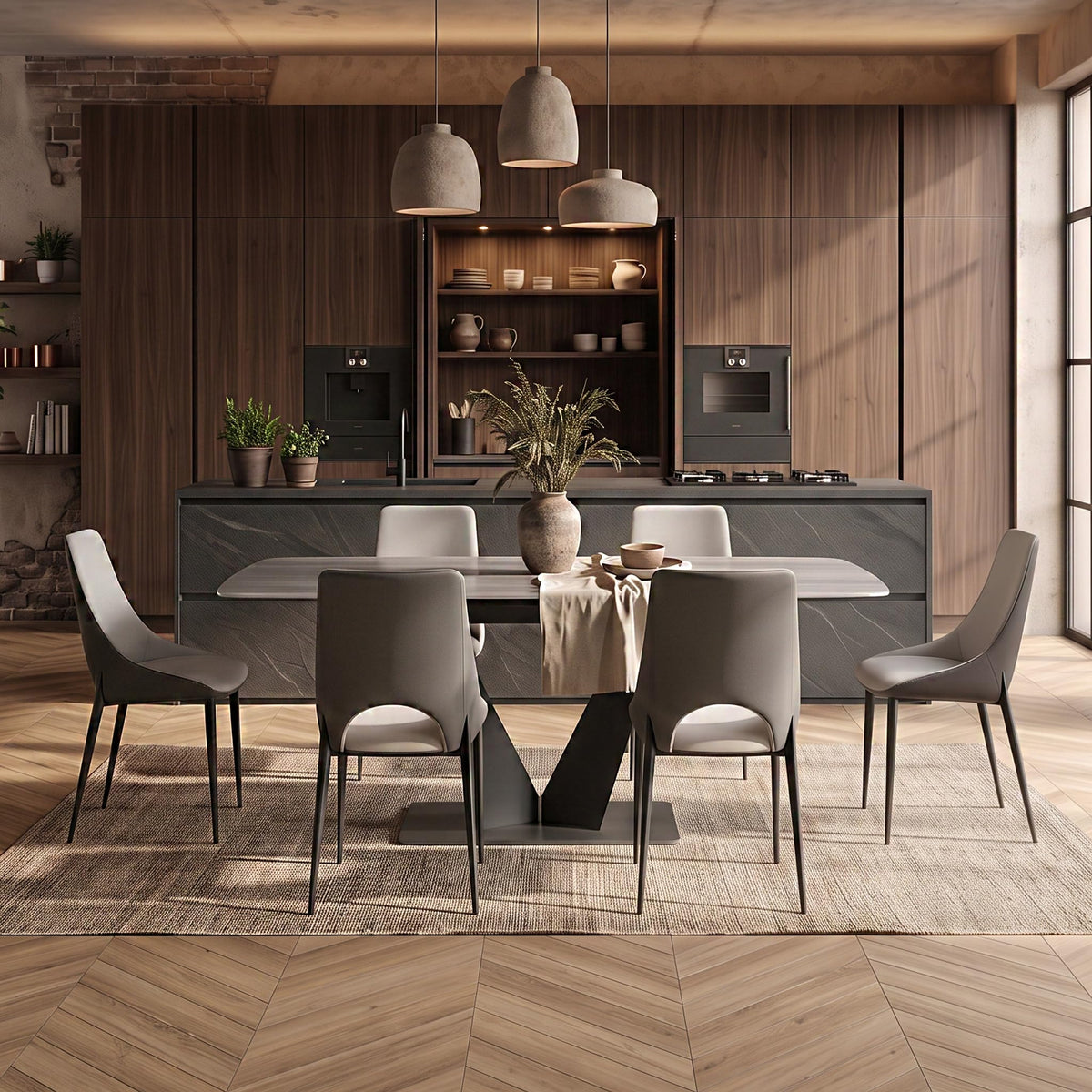 Extendable Sintered Stone Dining Table, 79 Inch, 1 Table + 6 Chairs