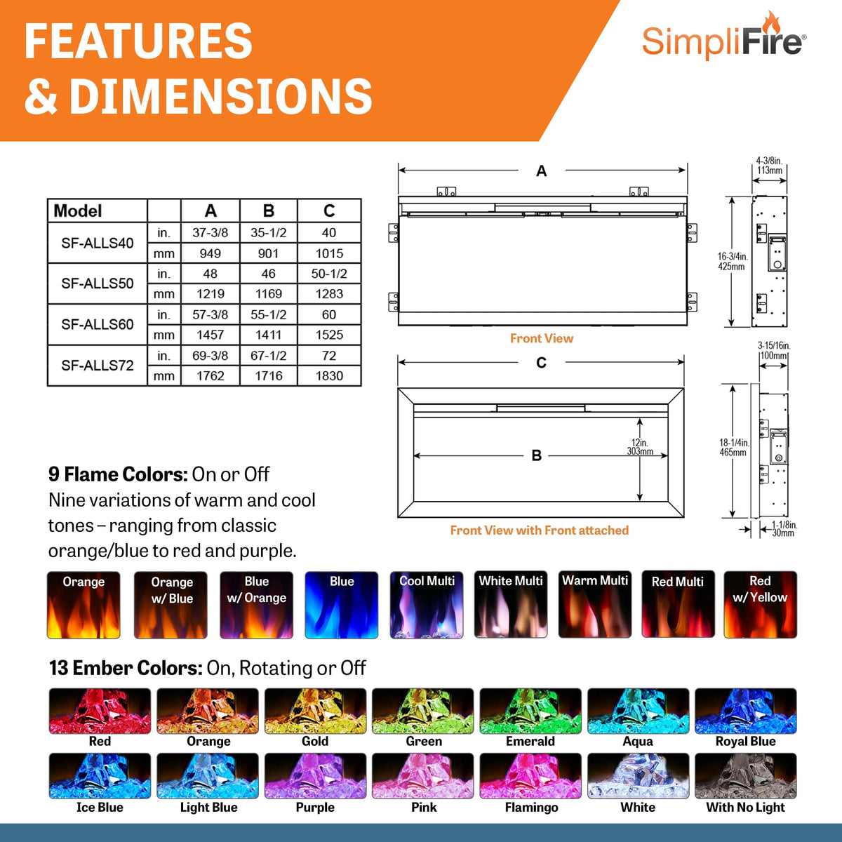SimpliFire Allusion Slim 60" Electric Fireplace, Fully Recessed or Wall Mounted, 9 Flame Colors, Black & Clear Crystals, Logs, 13 Ember Bed Colors, Remote Control, Adjustable Heat, 750-1500W