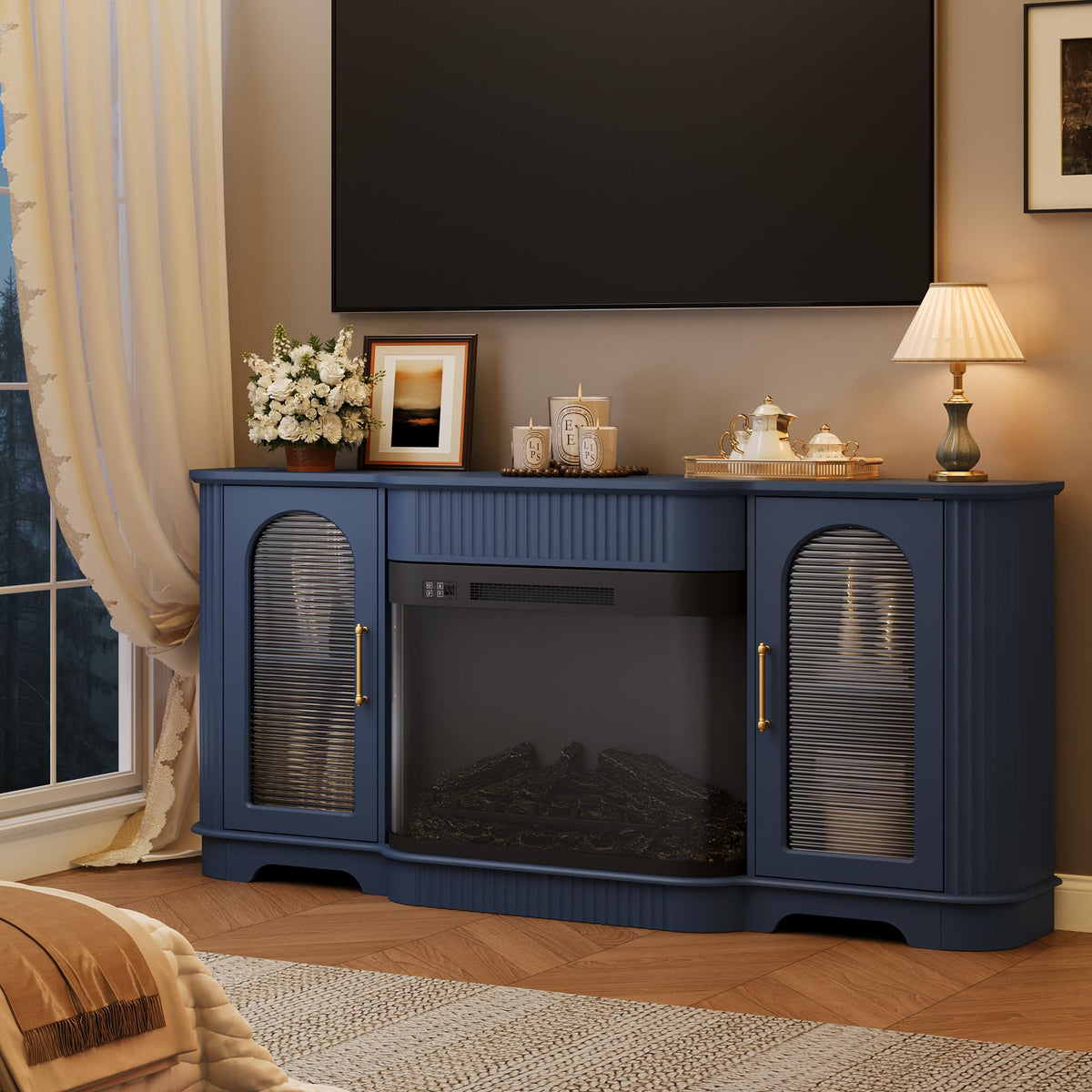 RNLRNL 70" Fluted TV Stand with 30" Curved Electric Fireplace, Navy Blue