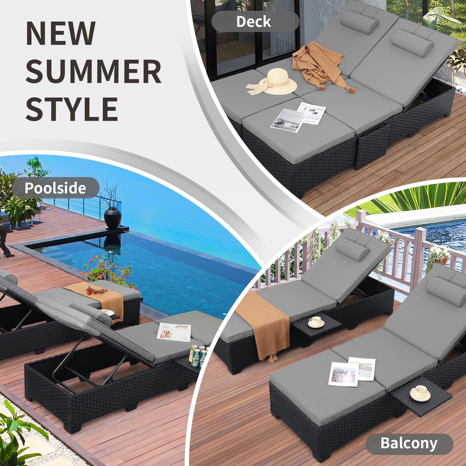 Outdoor Wicker Chaise Lounge Set of 2 with Cushions & Side Shelf