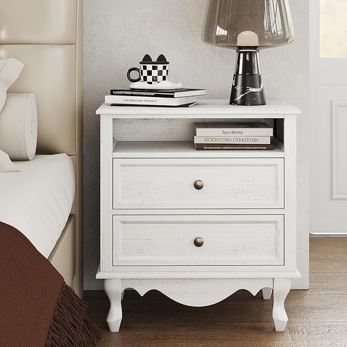 Nightstand with 2 Drawers, Open Shelf & Charging Station
