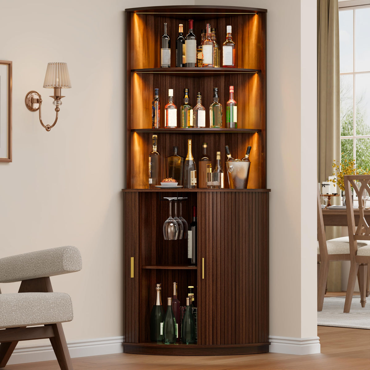 DHH 71" Tall Corner Bar Cabinet with LED Light & Wine Glass Holder(Walnut)
