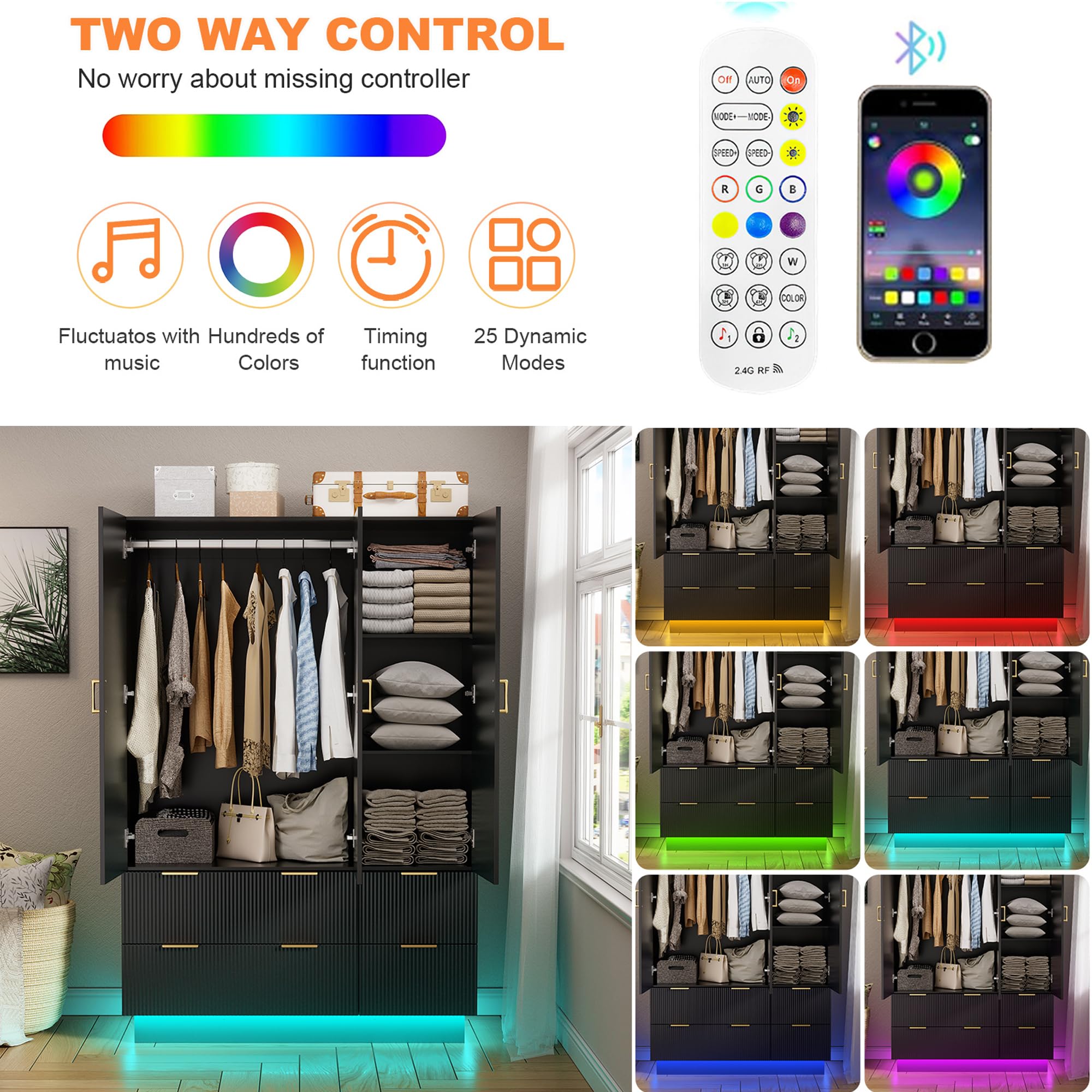 PAKASEPT Large Wardrobe Closet, Armoire Closet with Door and Mirror, LED Lights, Hanging Rod, Drawers, Armoires and Wardrobes for Bedroom (Black)