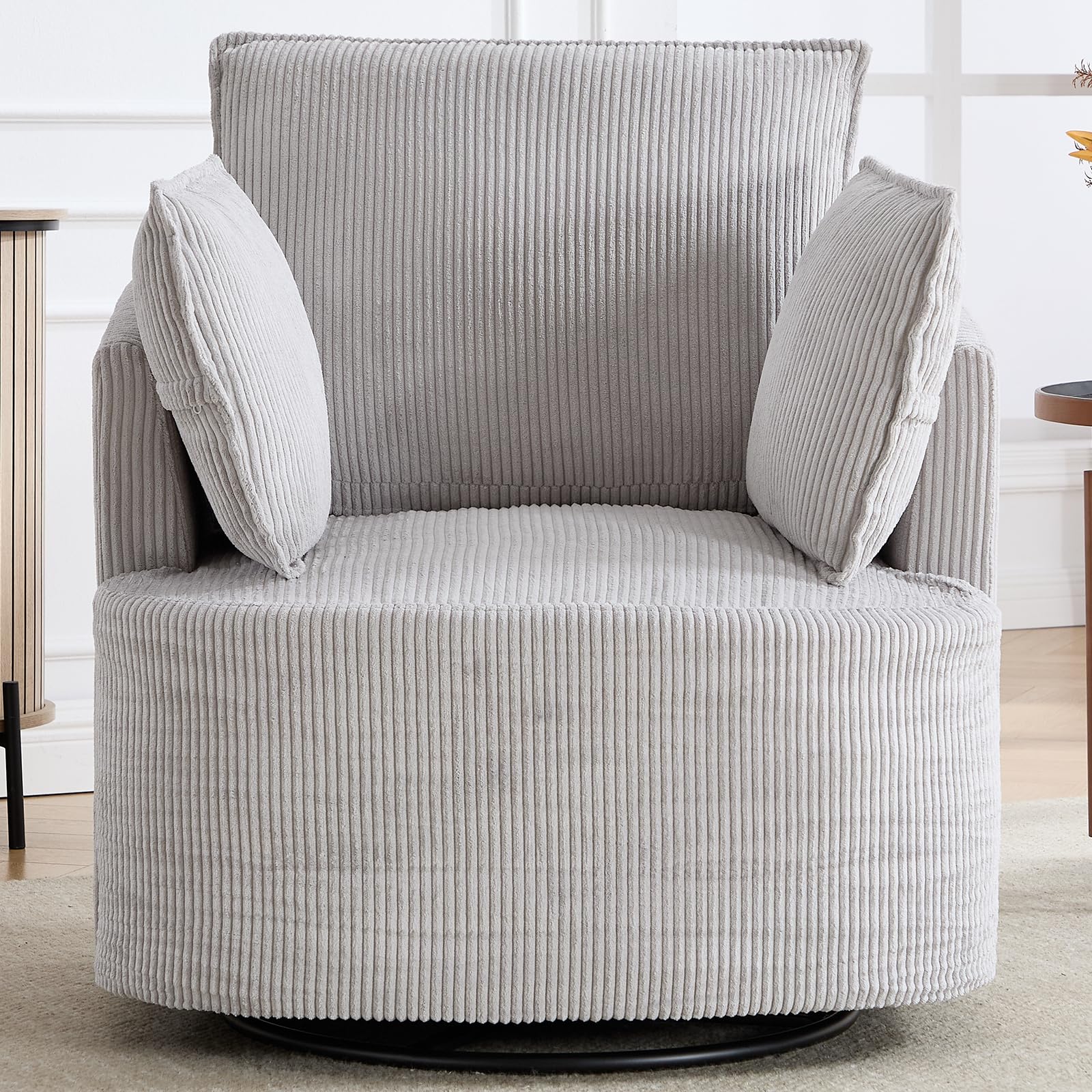 360° Swivel Barrel Chair with Corduroy Upholstery & 3 Pillows