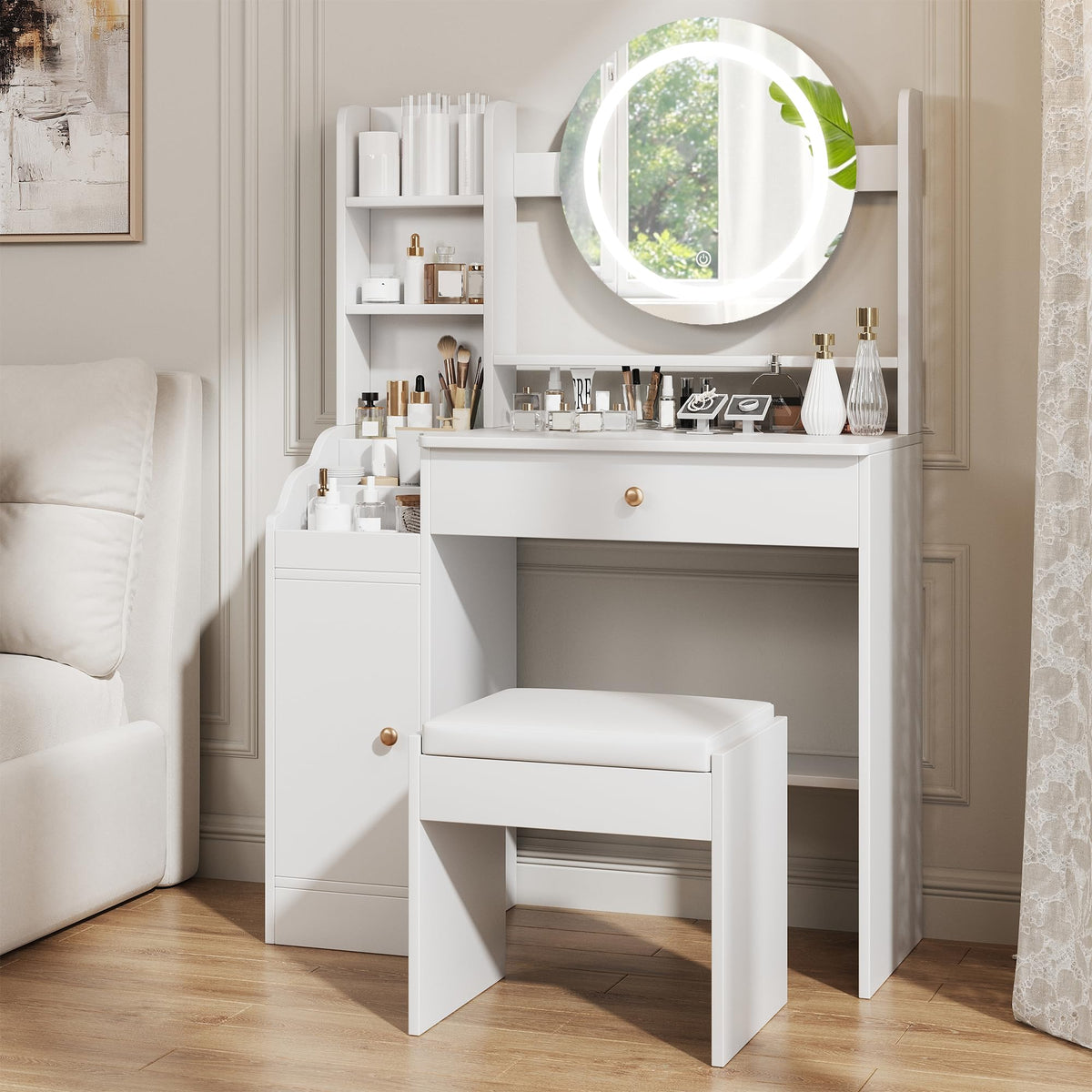White LED Makeup Vanity with Stool