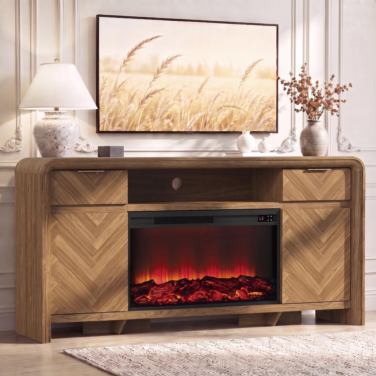 63" Fireplace TV Stand for 75" TV, Mid Century Modern TV Console, Walnut