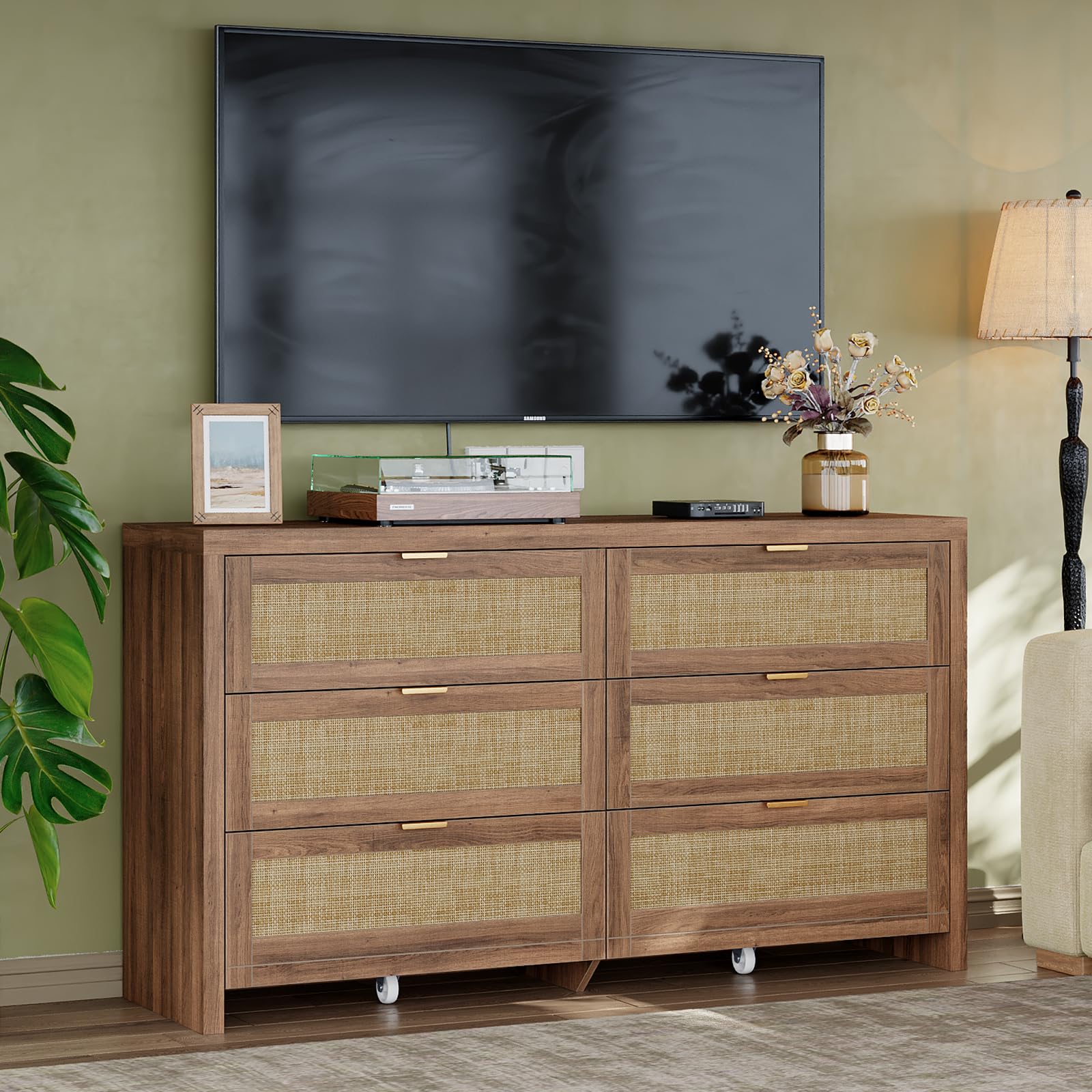 Cozynome 6 Drawers Dresser for Bedroom, 57” Rattan Dresser with Ample Storage, Boho Chest of Drawers, Wooden Dresser with Metal Handle, Rattan Dresser for Closet, Living Room, Entryway, Natural