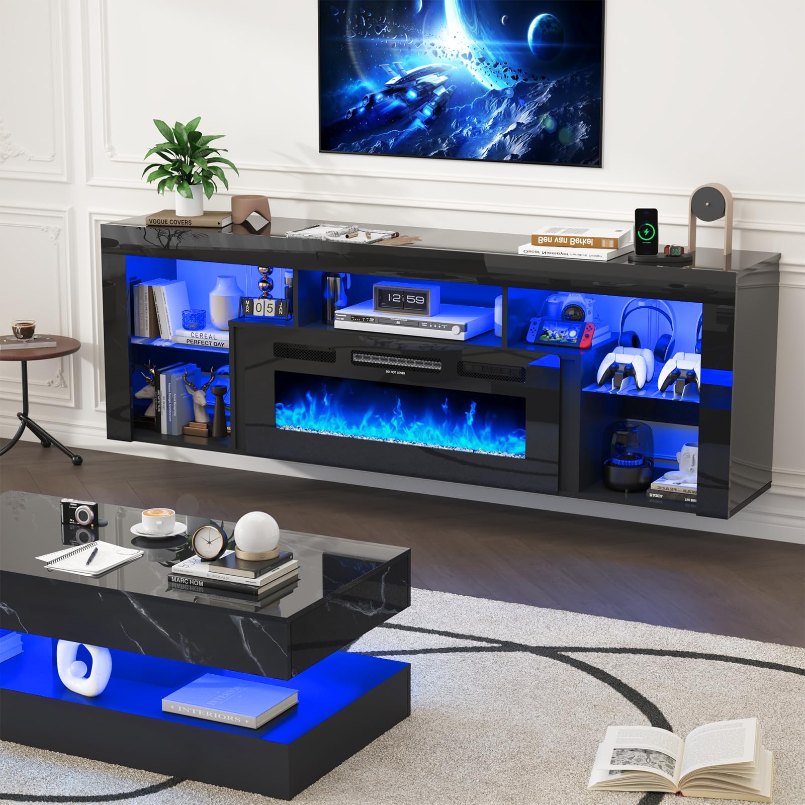 jiteentarou 71" Floating Fireplace TV Stand for up to 85" TVs, Modern High Gloss Entertainment Center w/40 Electric Fireplace, Charging Station&LED Lights, Fireplace TV Media Console w/Storage, Black