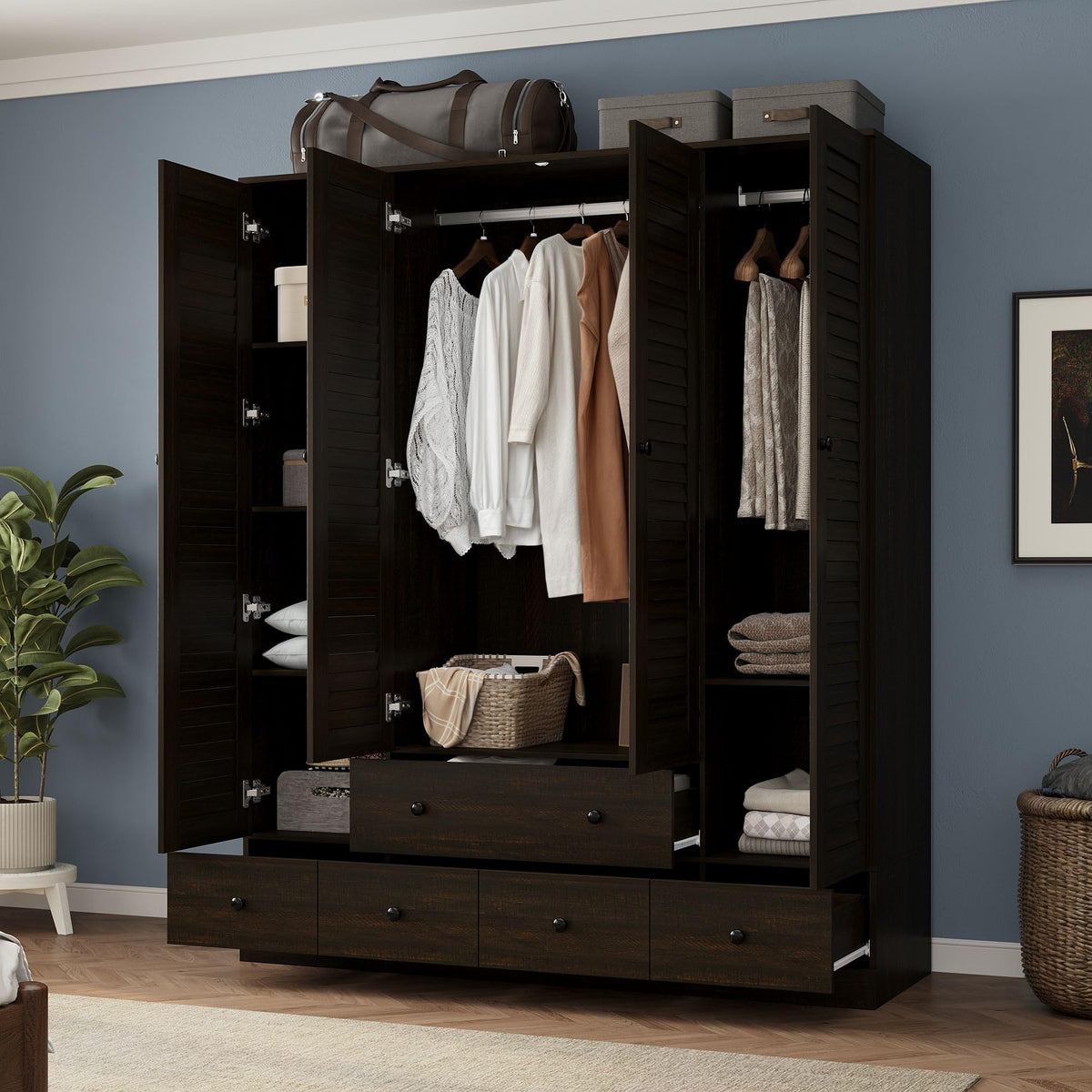 Brown Louvered Wardrobe with Drawers
