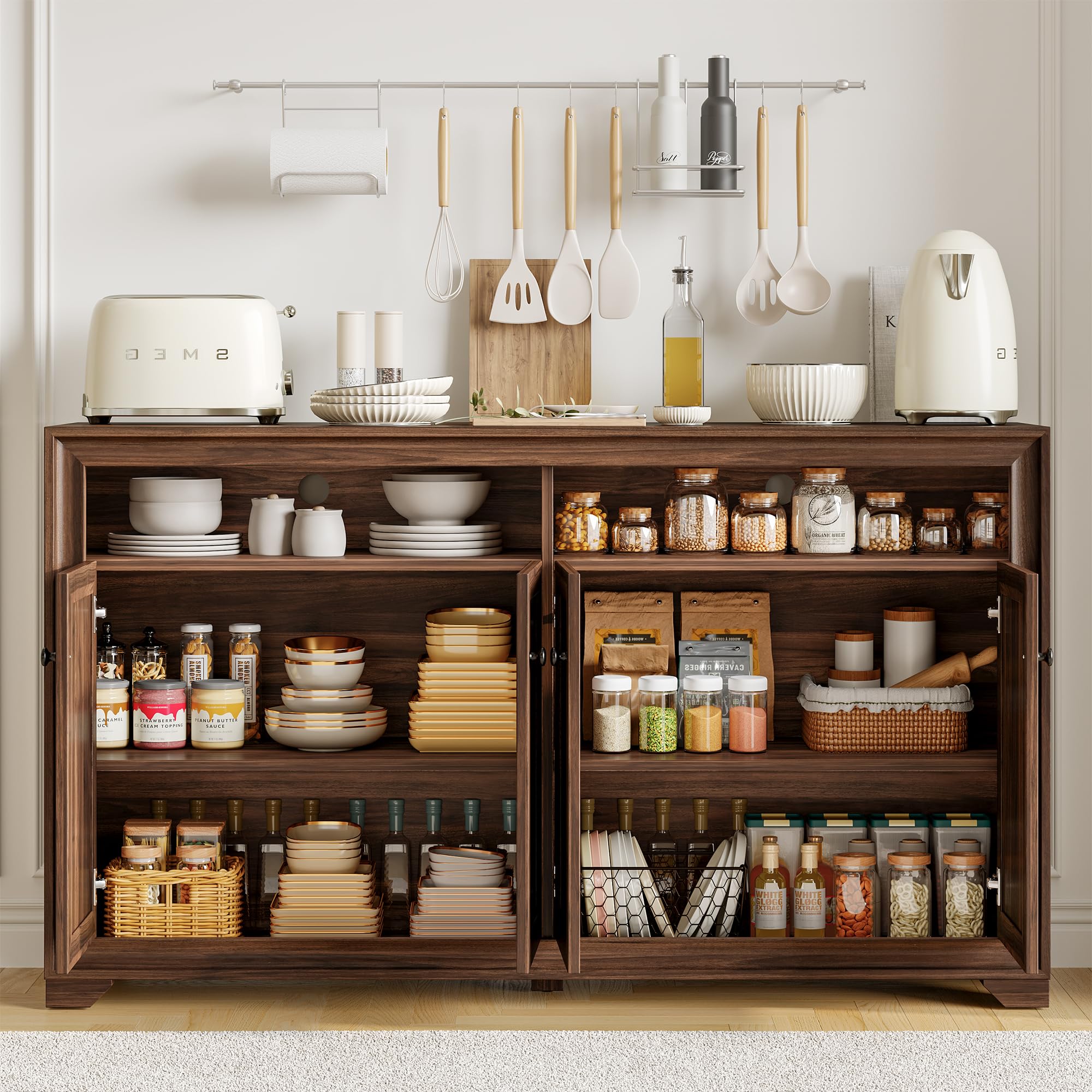 ONBRILL 60 Inches Sideboard Buffet Cabinet with Storage, 4 Doors Large Sideboard, Kitchen Cabinet with Open Shelf & Adjustable Shelf, Kitchen Coffee Bar Console Table for Living Room, Hallway, Brown