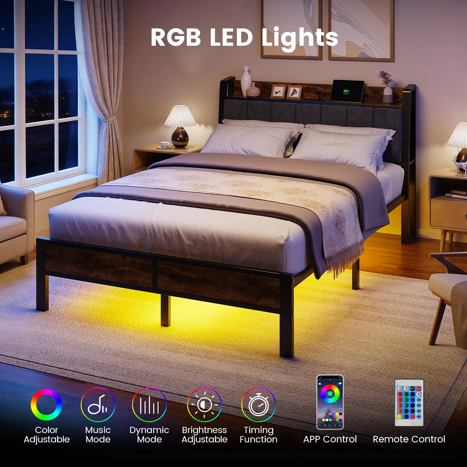 Platform Bed Frame with Charging Headboard, RGB LED Lights & Metal Slats