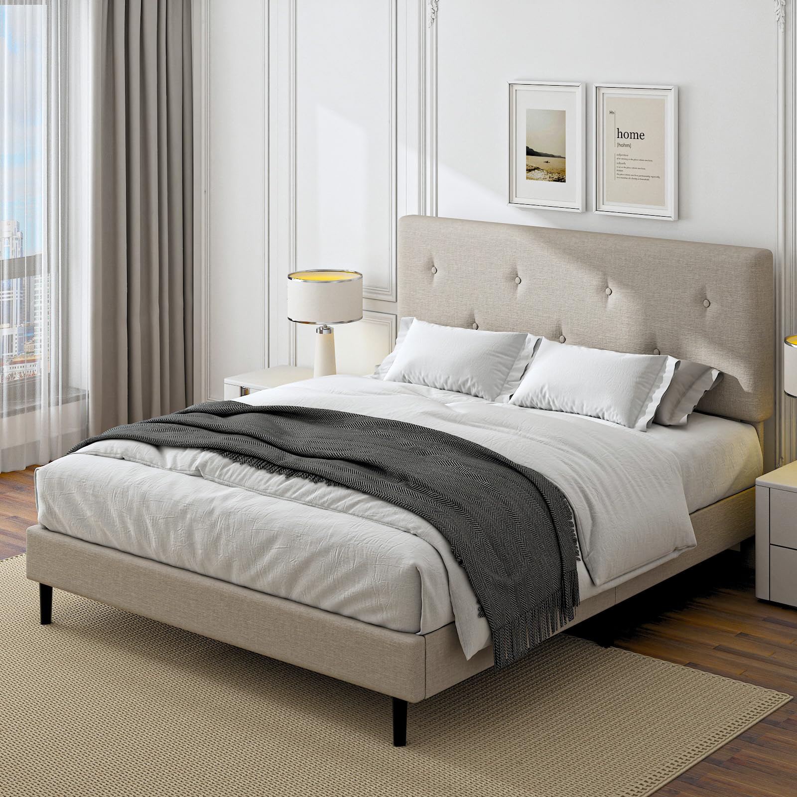 Linen Upholstered Platform Bed Frame with Adjustable Headboard & Wooden Slats