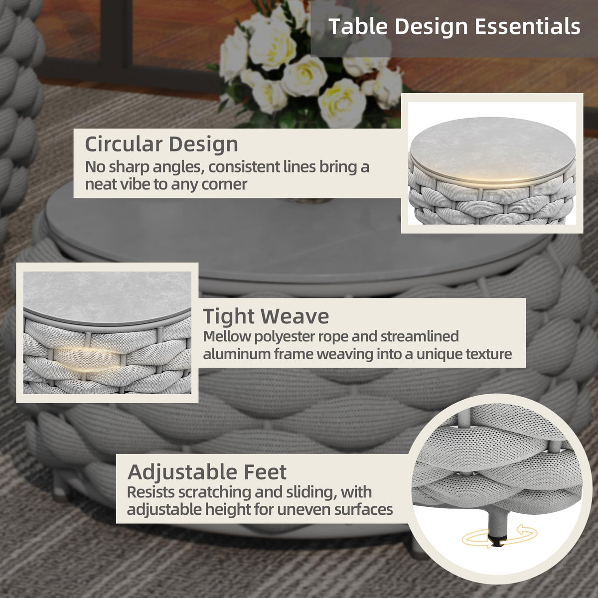 Vmopu Round Outdoor Table, Handwoven Rope & Rust-Proof Aluminum Patio Coffee Table for Garden, Poolside & Indoor Use, Grey