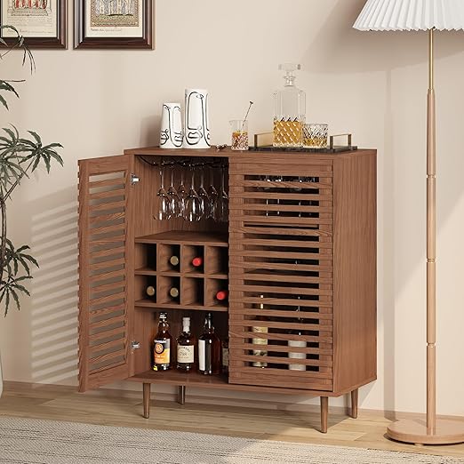 Mid-Century Bar Cabinet with Wine Racks & Slatted Doors