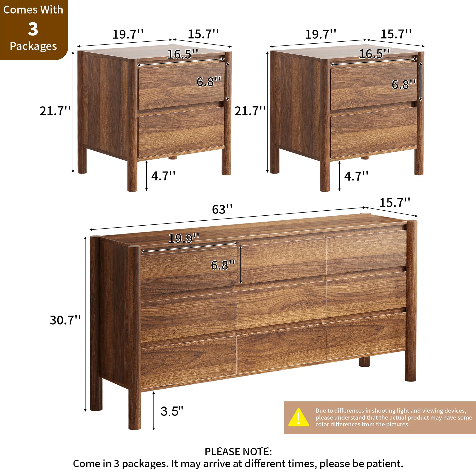 CHUWELL 3-Piece Bedroom Dresser Set-9 Drawer Dresser & 2 Nightstands,47" Wide Walnurt Dresser and Night Stands with Solid Wood Cylindrical Legs,Rustic Wooden Storage for Bedroom