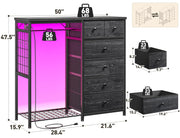 EnHomee Dresser with Hanging Rack, 6 Drawers with LED Lights & Charging Station, Fabric Chest of Drawers, Closet Storage Organizer with Open Shelves for Living Room, Black