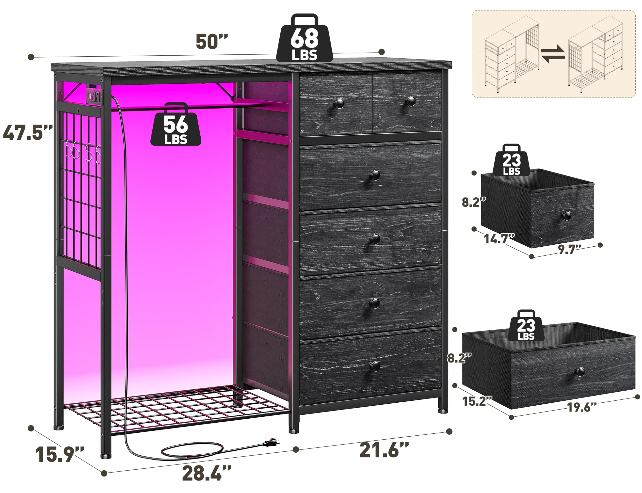 EnHomee Dresser with Hanging Rack, 6 Drawers with LED Lights & Charging Station, Fabric Chest of Drawers, Closet Storage Organizer with Open Shelves for Living Room, Black