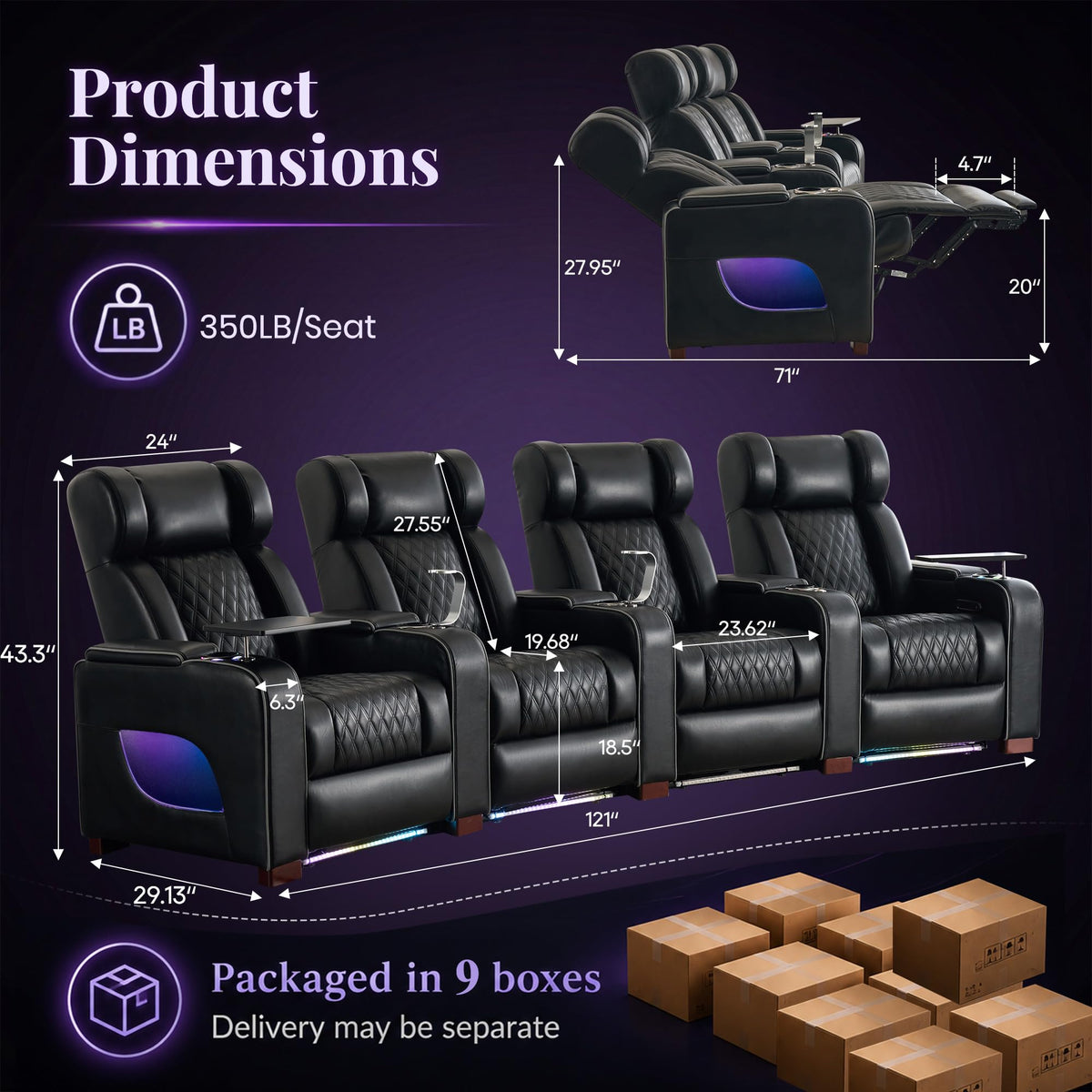CALIVIA Curved Home Theater Seating with Airbag Massage & Heat
