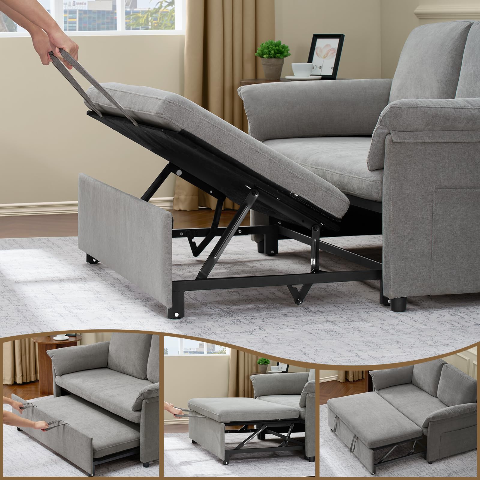ONBRILL 3 in 1 Convertible Sleeper Sofa Bed,59 Inch Pull Out Couch,Chenille Fabric,Loveseat Sleeper Sofa for Living Room,Bedroom, and Small Space,Grey