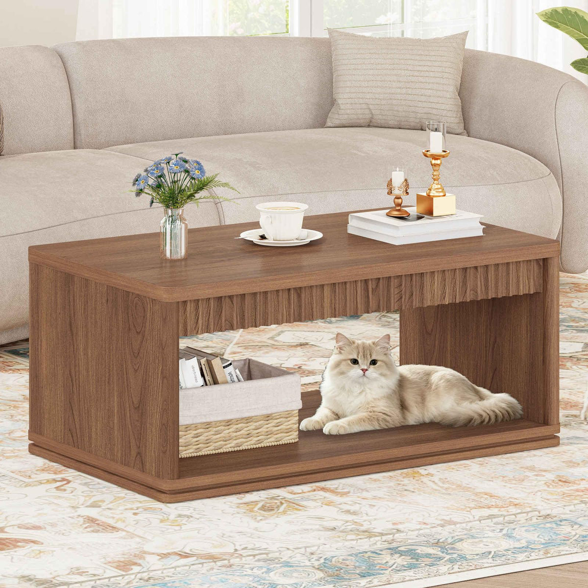 FATORRI Coffee Table with Storage Shelf, 2-Tier Wood Coffee Tables, Farmhouse Rectangular Living Room Center Table with Fluted Panel (Walnut)